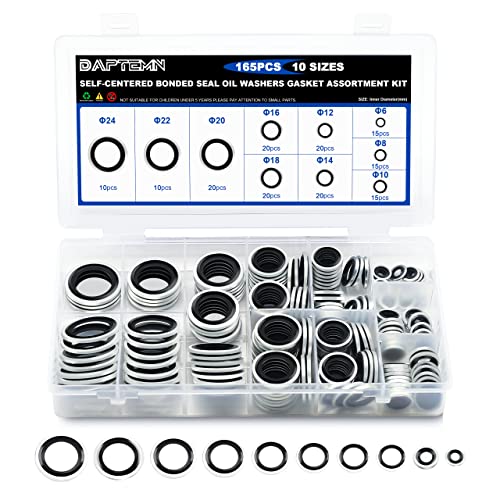 165PCS Bonded Sealing Washers, NBR Metric Zinc-Plated Steel Self-Centred Sealing Rubber Washers, Automotive Seal Gasket Crush O-Ring Assortment Kit Set M6 to M24 - color: 165PCS Black Seal Washers
