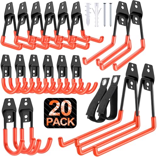 20 Pack Heavy Duty Garage Hooks,Solid Steel Wall Mount Hangers,with Anti-Slip Coating,for Hanging and Organising Ladder,Bike,Ropes,Broom,Garden,Yard and Power Tools - color: 20 Pack Orange