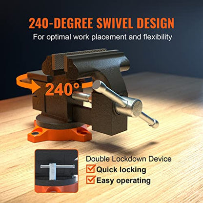 VEVOR Bench Vise, 4.5-inch Jaw Width 3.3-inch Jaw Opening, 240-Degree Swivel Locking Base Multipurpose Vise w/Anvil, Heavy Duty Cast Iron Workbench Vise w/Bolts & Nuts, for Drilling, Pipe Cutting - size: 4.5 Inch