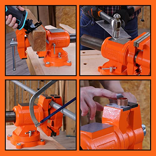 PONY Heavy Duty Bench Vise, 5-inch Jaw Width and Opening, 360-Degree Swivel Base With Anvil, Utility Combination Pipe Home Vise for Woodworking, One-Pair Vise Jaw Pad Included - style: 5-inch Jaw Opening