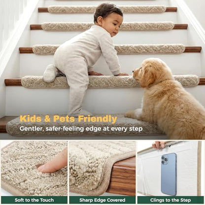 MBIGM Bullnose Non-Slip Stair Treads w/Reusable Adhesive 14 Pack 9.5" x 30" Wooden Steps Protection - TPU Backing with Steel Reinforcement - Anti-Slip Solution Basketweave Beige Non Slip Stair Tread - color: Beige - Basketweave