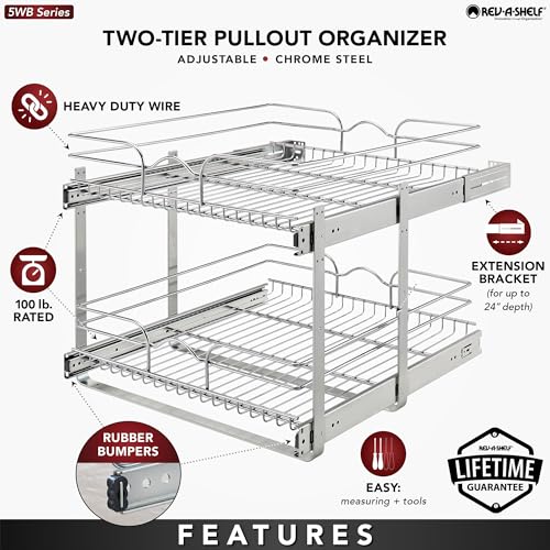 Rev-A-Shelf 2 Tier Kitchen Cabinet Pullout Shelf and Drawer Organizer Slide Out Pantry Storage Basket in Multiple Sizes, 21 x 22 In, 5WB2-2122CR-1 - size: 21" W X 22"d, style: Two Tier