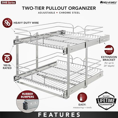 Rev-A-Shelf 2 Tier Kitchen Cabinet Pullout Shelf and Drawer Organizer Slide Out Pantry Storage Basket in Multiple Sizes, 21 x 22 In, 5WB2-2122CR-1 - size: 21" W X 22"d, style: Two Tier