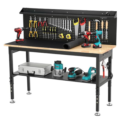 ENJOYWOOD 60'' Heavy Duty Workbench 3000 LBS Load Capacity Adjustable Height Garage Work Bench with Pegboard, Storage Shelf, Power Outlets and LED Light - size: XXXXX-Large