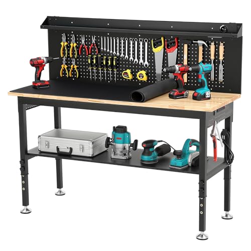 ENJOYWOOD 60'' Heavy Duty Workbench 3000 LBS Load Capacity Adjustable Height Garage Work Bench with Pegboard, Storage Shelf, Power Outlets and LED Light - size: XXXXX-Large