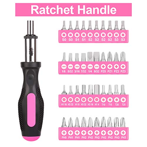 THINKWORK 122-Piece Pink Tool Set with 3.6V Rotatable Electric Screwdriver, Home Tool Kit for Women with Easy Carrying Round Pouch, Ladies Pink Tool Kit for Home Maintenance, DIY, Gifts - style: 122-Piece