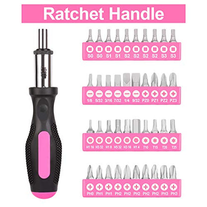 THINKWORK 122-Piece Pink Tool Set with 3.6V Rotatable Electric Screwdriver, Home Tool Kit for Women with Easy Carrying Round Pouch, Ladies Pink Tool Kit for Home Maintenance, DIY, Gifts - style: 122-Piece