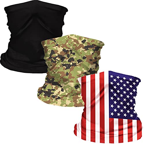 Reusable Neck Gaiter with Filter Insert, Fashionable Cooling Face Covering Bandanas for Men/Women - color: 3pk(black/Flag/Camouflage)