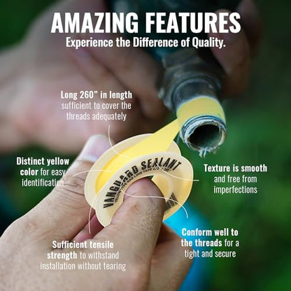 Teflon Gas Pipe Thread Sealant - PTFE Yellow Teflon Tape for Gas Fittings - 260" Length Pipe Thread Tape 1/2 inch High Resistance Leak Prevention - Propane Thread Seal Tape