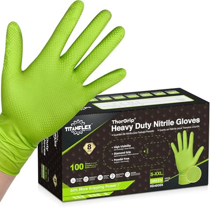 TitanFlex Heavy Duty Industrial Nitrile Gloves with Raised Diamond Texture, 8-mil, Latex Free (Green/Dark Green/Yellow) - color: 02 Green (100ct), size: Small