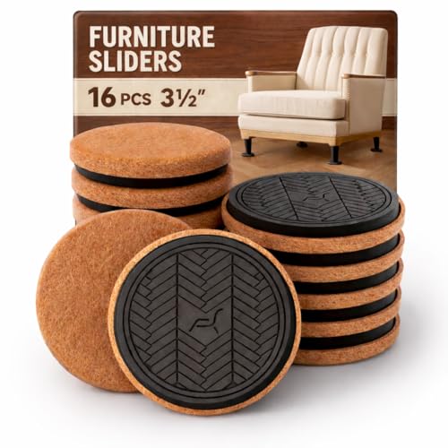 Felt Furniture Sliders for Hardwood Floors Protectors, PISAO 16 PCS 3 ½” Heavy Duty Furniture Pads Movers for Hard Surfaces - Chair Leg Protectors, Move Large Furniture Easily - color: Brown 16pcs, size: Round 3 1/2 inch
