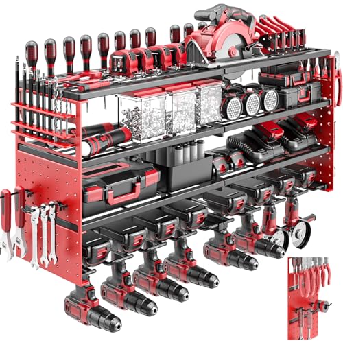 Power Tool Organizer Wall Mount, Cordless Drill Hanger Storage Rack 8 Drill Holder, 4 Layer Heavy Metal Large Capacity Tool Rack for Garage Organization (Red, 8 Drills Holder) - color: Red, size: 8 Drills Holder