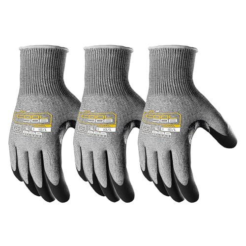 COOLJOB ANSI A7 Cut Resistant Gloves, Cut Proof Work Gloves with Grip, Touchscreen, for Men and Women, Used for Construction, Warehouse, Glass Handling, Wood Work, Grey Large, 3 Pairs - size: Large, style: A7 Pack of 3