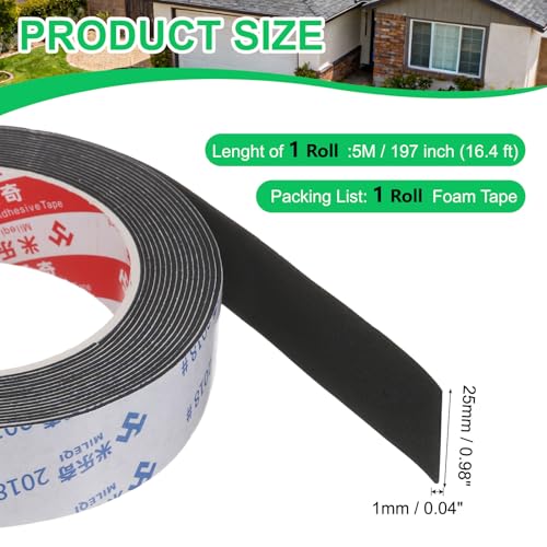 PATIKIL Sponge Rubber Foam Tape, 63/64" W x 1/32" t x 16.4ft l Self-Adhesive Foam Insulation Tape Weather Stripping for Window Door Soundproofing Weatherstrip AC Seal Strip, Black - size: 63/64" x 1/32" x 16.4ft