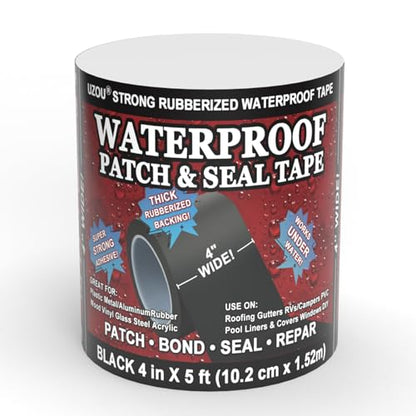 Flexible Rubberized Waterproof Tape, 4 in x 5 ft Patch & Seal Tape for Leaks, Working Underwater, Indoor Outdoor Use - Home RV Roof Plumbing and Pool Repairs, Black