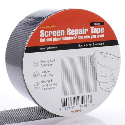 by.RHO Screen Repair Tape – Strong Self-Adhesive Window & Screen Door Repair Kit, Fiberglass Screen Patch 2"×33ft, Easy Cut and Apply, Indoor-Safe Adhesive, All-Weather (Black) - color: Black, size: 2in x 33ft