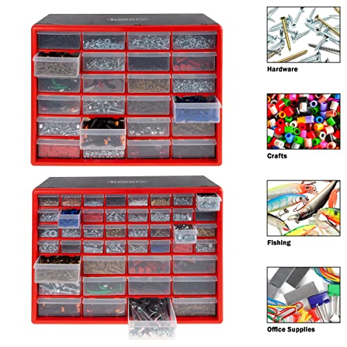 Set of Two Storage Bins with Drawers – Pair of 44 and 24 Drawer Desktop or Wall Mount Plastic Tool Organizers for Hardware or Crafts by Stalwart (Red) - style: 44 and 24 Drawers