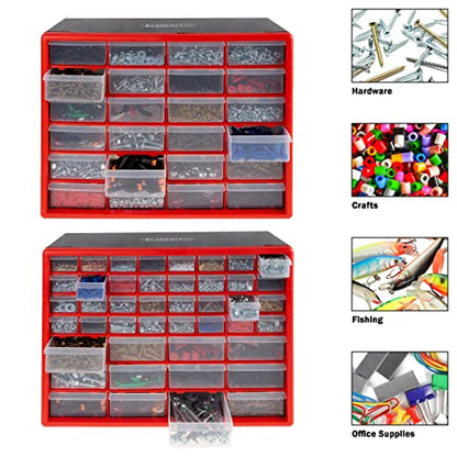 Set of Two Storage Bins with Drawers – Pair of 44 and 24 Drawer Desktop or Wall Mount Plastic Tool Organizers for Hardware or Crafts by Stalwart (Red) - style: 44 and 24 Drawers