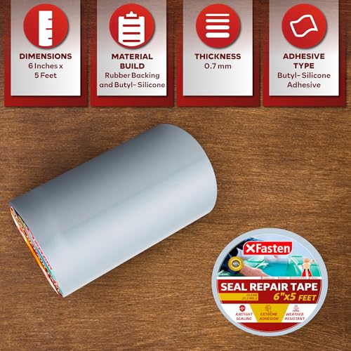 XFasten Waterproof Patch Seal Repair and Leak Shield Tape, Clear, 6-Inch x 5-Foot, Weatherproof Water Barrier Tape for Chimney, Roof, Boat, and HVAC Hose Repair - color: Clear