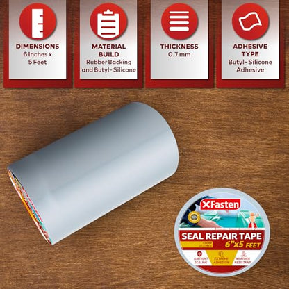 XFasten Waterproof Patch Seal Repair and Leak Shield Tape, Clear, 6-Inch x 5-Foot, Weatherproof Water Barrier Tape for Chimney, Roof, Boat, and HVAC Hose Repair - color: Clear