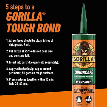 Gorilla Landscape Construction Adhesive, Heavy Duty Weatherproof Bond, Gray, 9 fl. oz. Cartridge