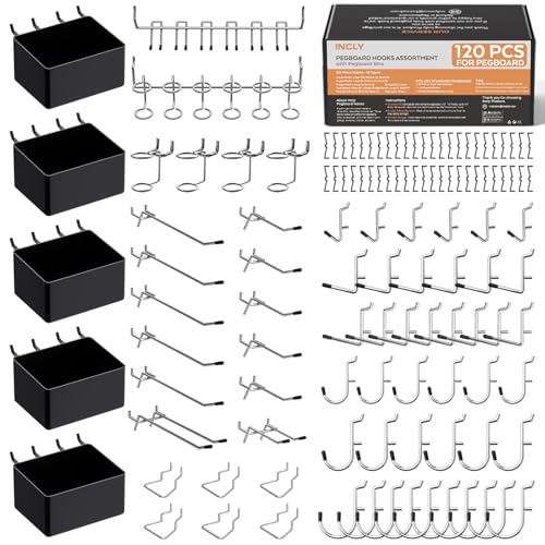 INCLY 120PCS Pegboard Accessories Organizer Kit, Peg Board Hooks Assortment with Bins for Organizing Various Tools, Fit 1/8 or 1/4 inch Pegboard for Hanging Storage, Garage Wall Attachments - size: 120 PCS