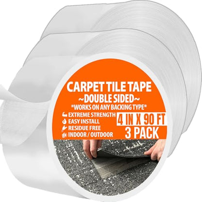 Carpet Tile Tape Double Sided 4in x 90ft (3 Pack) Heavy Duty Reinforced Web Mesh Residue Free - Indoor Outdoor for Carpet Tiles, Hardwood, Vinyl, Rugs, Carpet, Rubber & Mat Gripper - size: 4 IN x 90 FT (3 Pack)