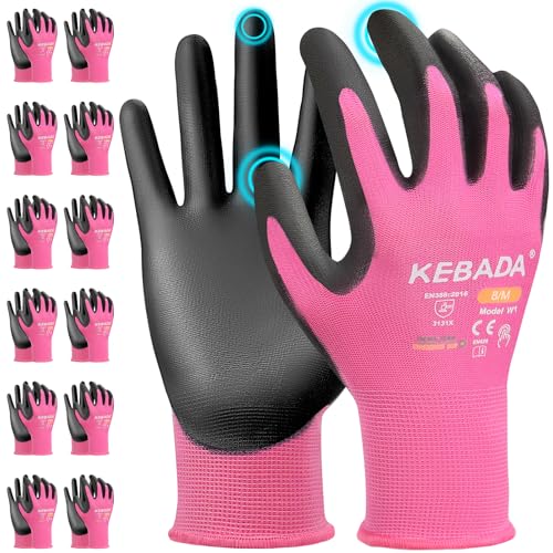 Kebada W1 Work Gloves Women, PU Coated Safety Gloves with Grip, Touchscreen, Ideal for Warehouse Package Handling, Construction, Gardening, Pink X-Small - color: Pink, size: X-Small
