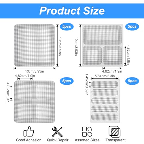 Sibba 20 Sheets Window Screen Patches Repair Kit, 4 Sizes Black Self-Adhesive Screen Patch Repair Kit for Mesh Screens Door, Strong Adhesive Fiberglass Screens Repairs Tape for Mesh Window Drain Holes