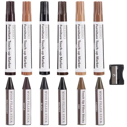 Furniture Repair kit, Wood Scratch Cover Markers*6 and Wax Filler Sticks*6 with Sharpener- 13Pack, Furniture Markers Touch Up Kit for Cover Ups Wooden Floors, Tables, Desks, Carpenters, Stains - color: 6 Colors Crayons & Marker