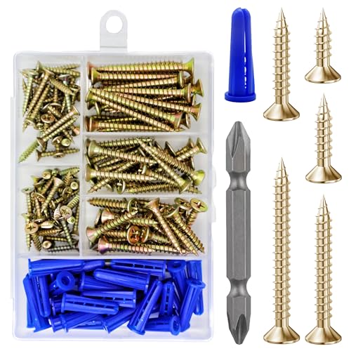Wensilon (150Pcs) Yellow Zinc Wood Screw Quick Metal Self Tapping Flat Head with Drywall Plastic Anchors kit - size: Yellow Flat Head Wood Screws