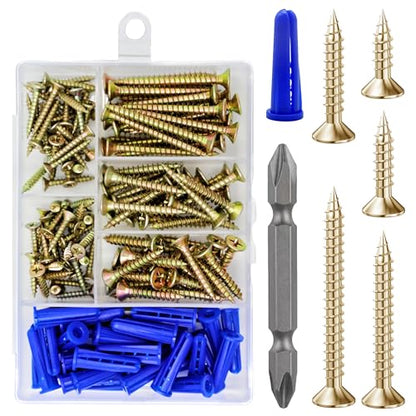 Wensilon (150Pcs) Yellow Zinc Wood Screw Quick Metal Self Tapping Flat Head with Drywall Plastic Anchors kit - size: Yellow Flat Head Wood Screws