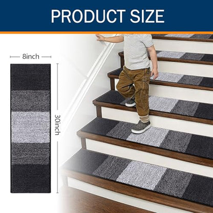 OLANLY Stair Treads Non Slip 15PCS, 8" x 30" Indoor Stair Runners for Wooden Steps, Edging Stair Rugs with Reusable Peel and Stick Adhesive for Kids Elders and Pets, Black - color: Black