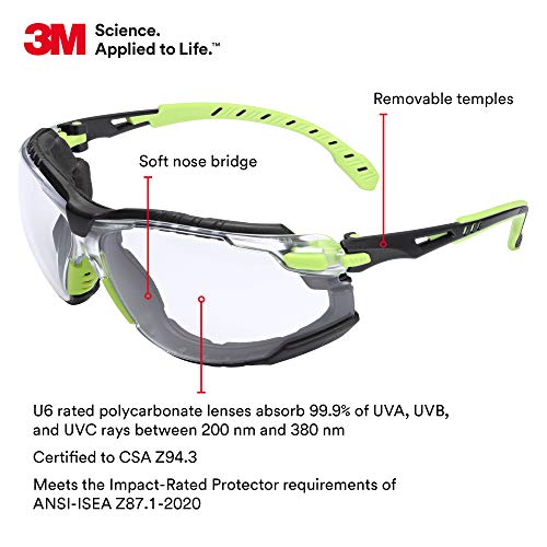 3M Safety Glasses, Solus 1000 Series, ANSI Z87, Scotchgard Anti-Fog, Clear Lens, Green/Black Frame, Removable Foam Gasket and Strap - size: Single, style: Clear Lens, Green/Black Frame With Gasket