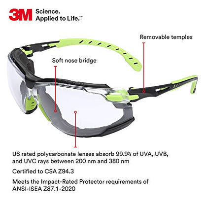 3M Safety Glasses, Solus 1000 Series, ANSI Z87, Scotchgard Anti-Fog, Clear Lens, Green/Black Frame, Removable Foam Gasket and Strap - size: Single, style: Clear Lens, Green/Black Frame With Gasket