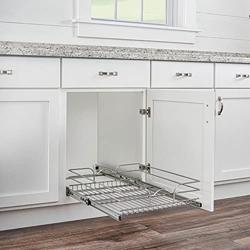 Rev-A-Shelf Kitchen Cabinet Wire Pullout Shelf and Drawer Organizer Pantry Storage with Basket and Mounting Hardware, 15 x 22 In, 5WB1-1522CR-1 - size: 15" W X 22"d, style: Single Tier