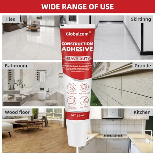 Globalcom Heavy Duty Construction Adhesive, Tile and Stone Marble Granite Wood Floor Adhesive, Gap Filling and Waterproof - 5.3 oz White