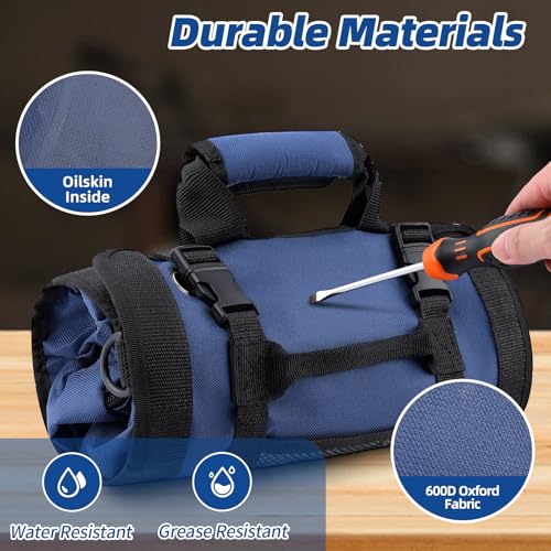 Tool Roll Bag, Heavy Duty Tool Organizer Roll Up, Portable Tool Storage Bag Easily Hanging on the Wall and Car for Professional Mechanics, Electricians, Carpenters, and Hobbyists, Blue
