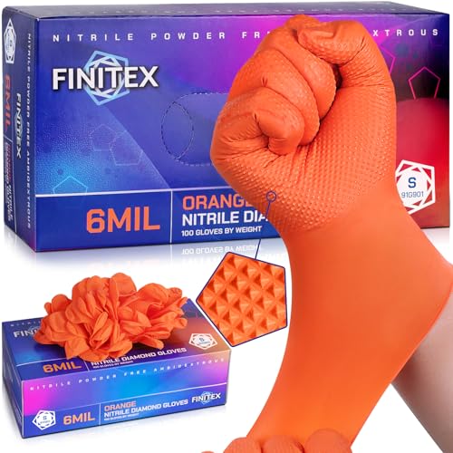 FINITEX Industrial Diamond Texture Nitrile Orange Glove - 100/1000PCS Chemical Resistant 6.3mil Mechanic Disposable Gloves - color: Orange (Small 100)
