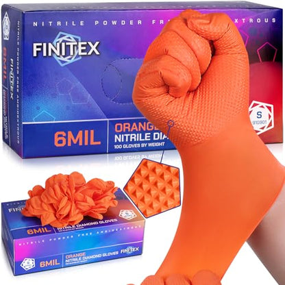 FINITEX Industrial Diamond Texture Nitrile Orange Glove - 100/1000PCS Chemical Resistant 6.3mil Mechanic Disposable Gloves - color: Orange (Small 100)