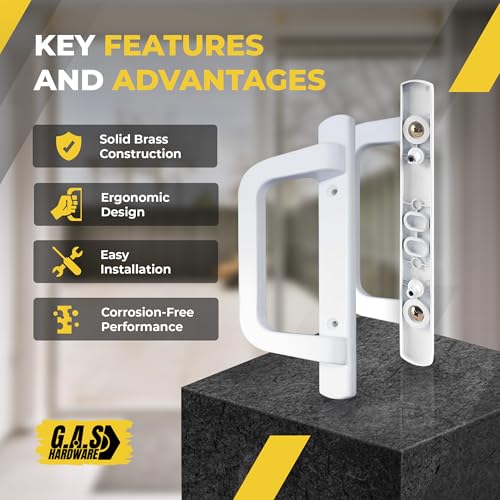 8.5" White PGT Sliding Glass Patio Door Complete Handle Set Replacement Repair Kit Set | Mortise Lock, Keepers, Screws, Thumb Latch Lever, Locking Mechanism | 45 Degrees + 3-15/16" Hole Spacing - color: White