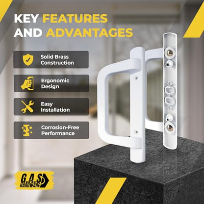8.5" White PGT Sliding Glass Patio Door Complete Handle Set Replacement Repair Kit Set | Mortise Lock, Keepers, Screws, Thumb Latch Lever, Locking Mechanism | 45 Degrees + 3-15/16" Hole Spacing - color: White