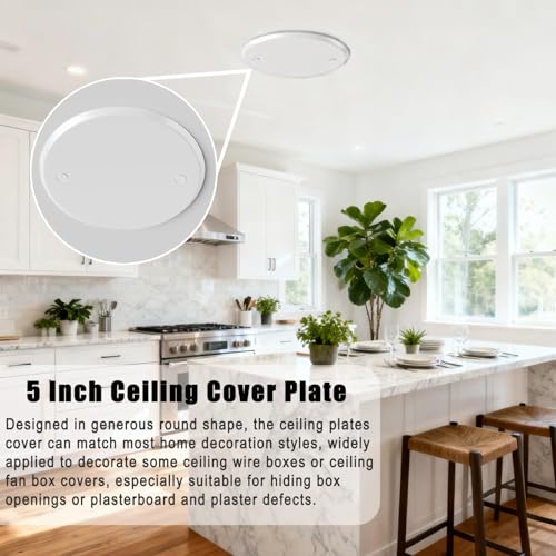 4 Packs Metal 5 Inch Flat Round Ceiling Cover Plate - White Blank Electrical Wall Plate with Screws, 3.5 Inch Hole Spacing, Fits 4 Inch Electrical Box (Ceiling Fan Switch Cap)