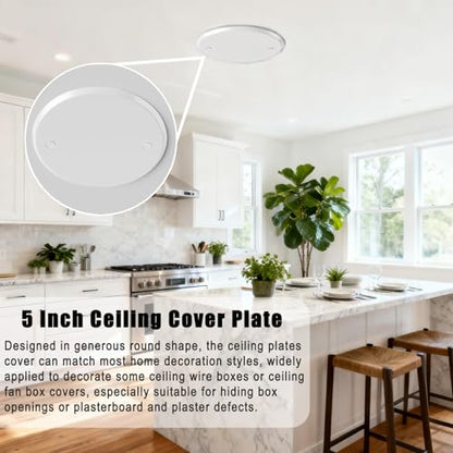 4 Packs Metal 5 Inch Flat Round Ceiling Cover Plate - White Blank Electrical Wall Plate with Screws, 3.5 Inch Hole Spacing, Fits 4 Inch Electrical Box (Ceiling Fan Switch Cap)