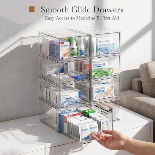 8 Pack Small Clear Stackable Acrylic Storage Boxes Storage Drawers, Storage Organizer, Clear Plastic Makeup Organizer, Ideal for Vanity, Cabinet, Desk Organization