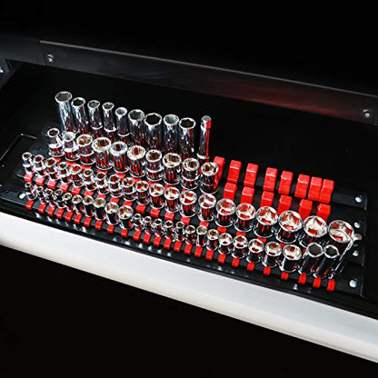 Mayouko 80-Piece Portable Socket Organizer Tray, 2 Pcs Set, Blue & Red, Tools Organizer 1/4-Inch, 3/8-Inch, 1/2-Inch, Heavy Duty Socket Holder, Black Rails, Blue & Red Clips