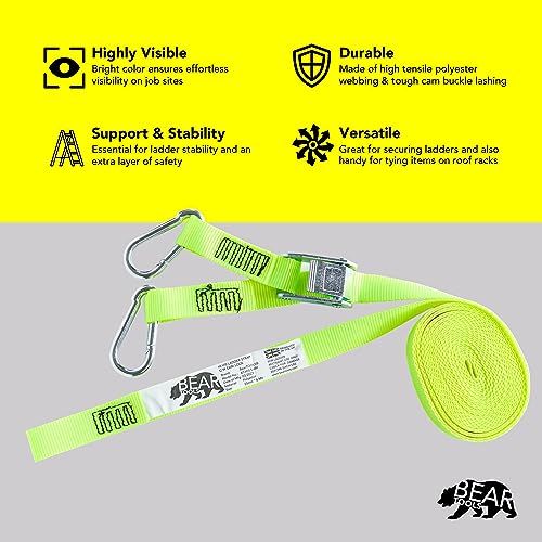 BearTOOLS 6 Meter Hi-Vis Ladder Strap C/W Cam Lock - Ladder Straps for Safety - Cam Lock Connector, Stabiliser for Work Ladders - Avoid Slips & Accidents When Working At Height - size: One size