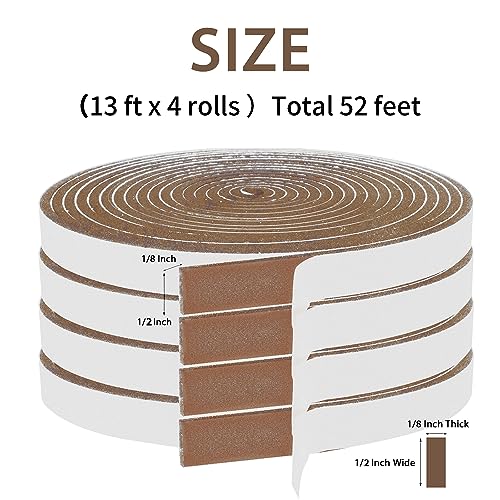Foam Weather Stripping-4 Rolls, 1/2 Inch Wide X 1/8 Inch Thick Total 52 Feet Long, Brown Foam Insulation Soundproofing Sealing Tape for Doors and Windows(13 ft x 4 Rolls)