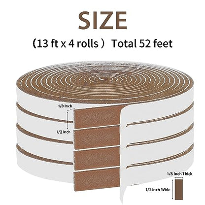 Foam Weather Stripping-4 Rolls, 1/2 Inch Wide X 1/8 Inch Thick Total 52 Feet Long, Brown Foam Insulation Soundproofing Sealing Tape for Doors and Windows(13 ft x 4 Rolls)