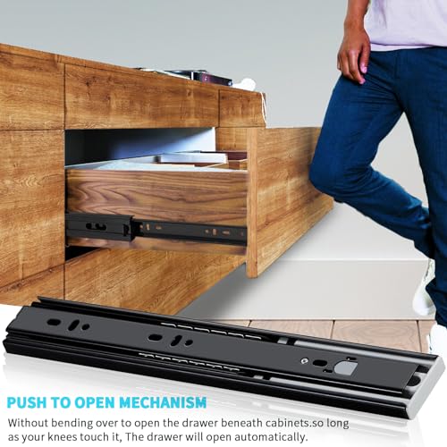 YENUO Push to Open Drawer Slides Full Extension Rail 12 14 16 18 20 22 24 inch handleless Side Mount Dresser Cabinet Bracket Replacement Ball Bearing Tracks kit Guide Runner 100 lb 1 Pair - color: Black-Push Open, size: 20 Inch